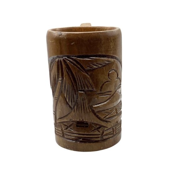 Vtg PHILIPPINE ISLAND Carved Wood Mug Tiki Bar Luau Theme Island Scene 6" - Picture 3 of 7